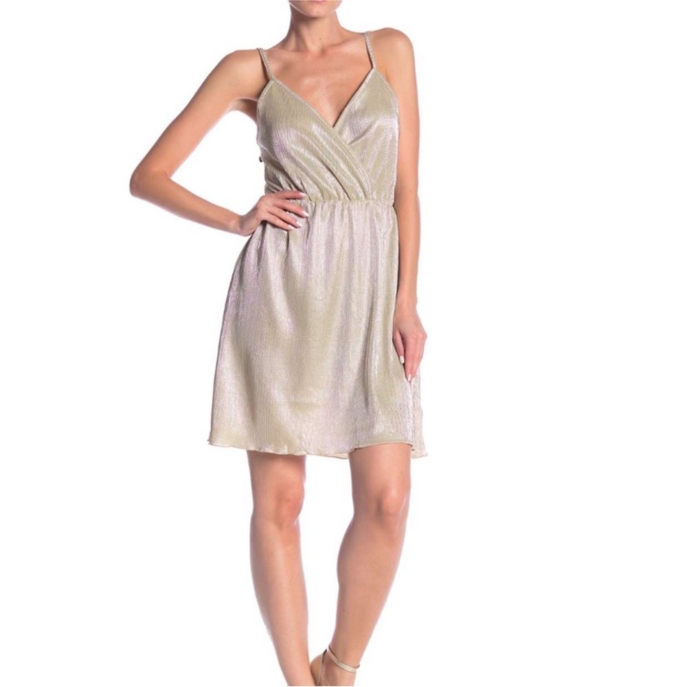Angie Metallic Silver Gold Mini Pleated Spaghetti Strap Mini Dress